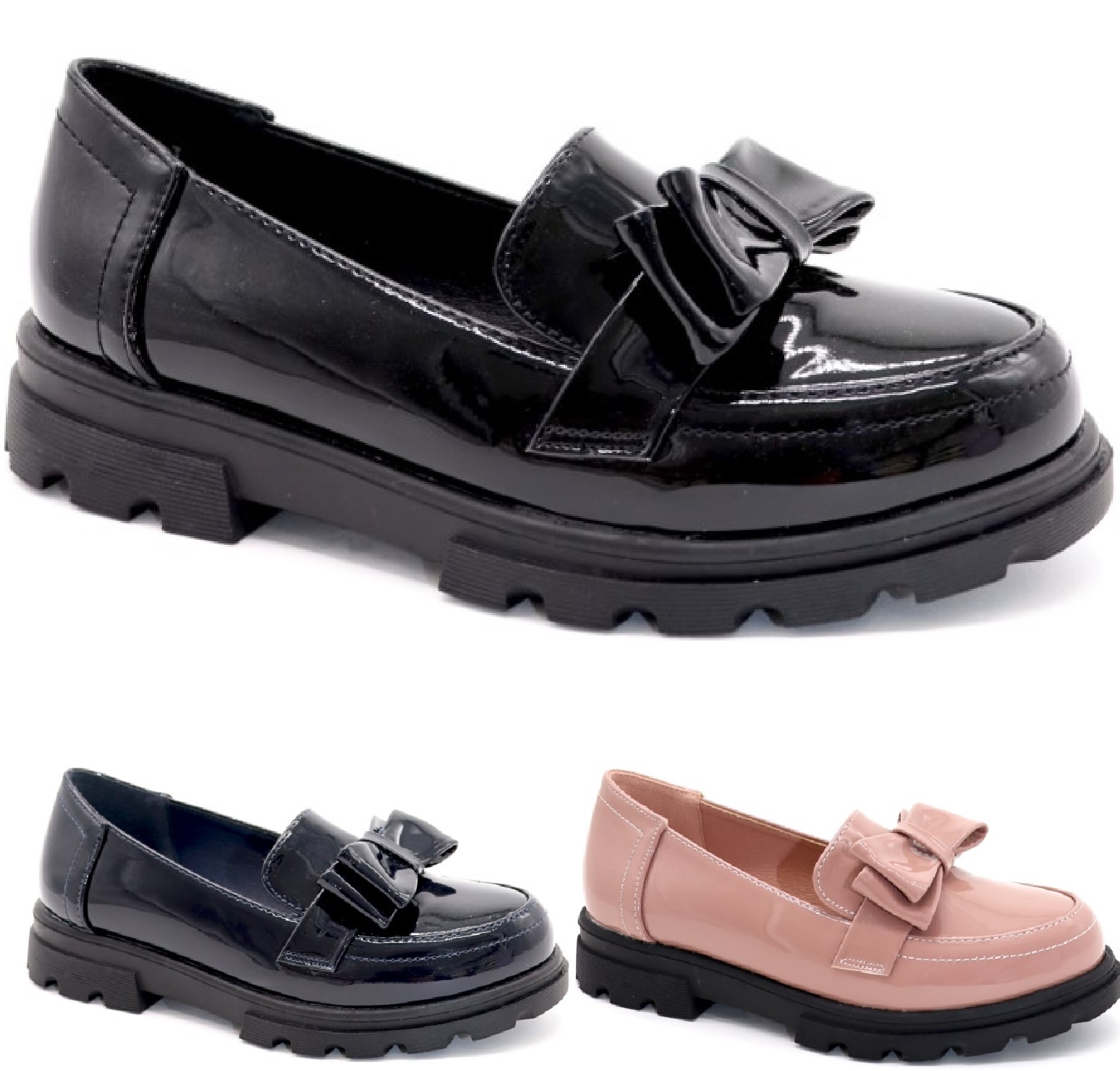 KIDS FLAT GIRLS LOAFERS BOW PATENT BACK TO SCHOOL SHOES DOLLY GRIP SOLE
