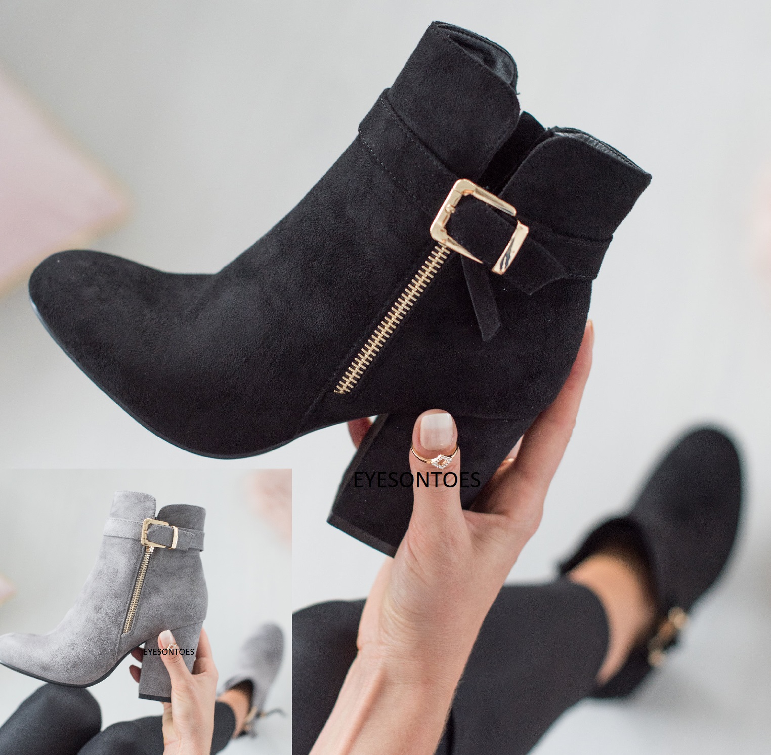 grey block heel ankle boots