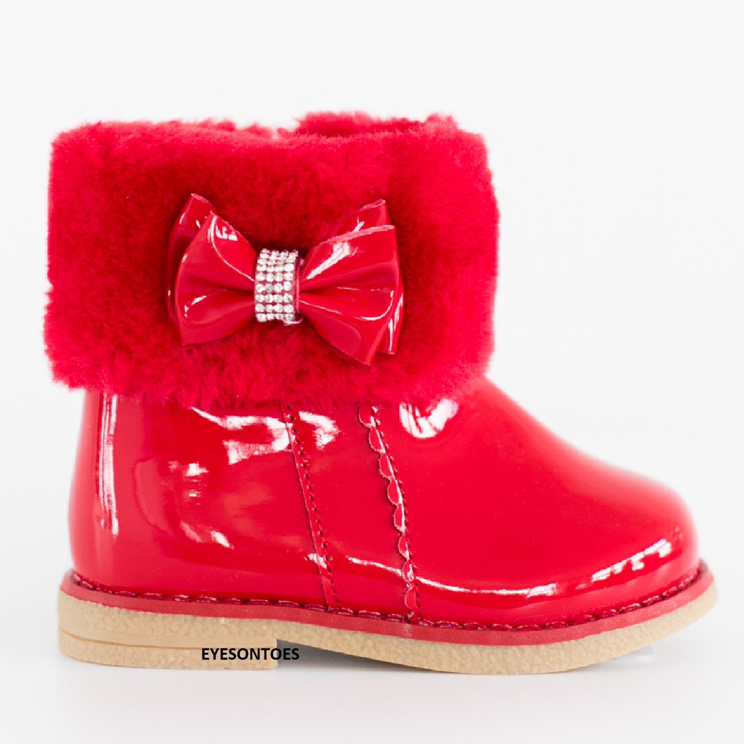 GIRLS PATENT WINTER ZIP UP FUR INFANTS FLATS SPANISH BOW KIDS DIAMANTE BOOTS SZ