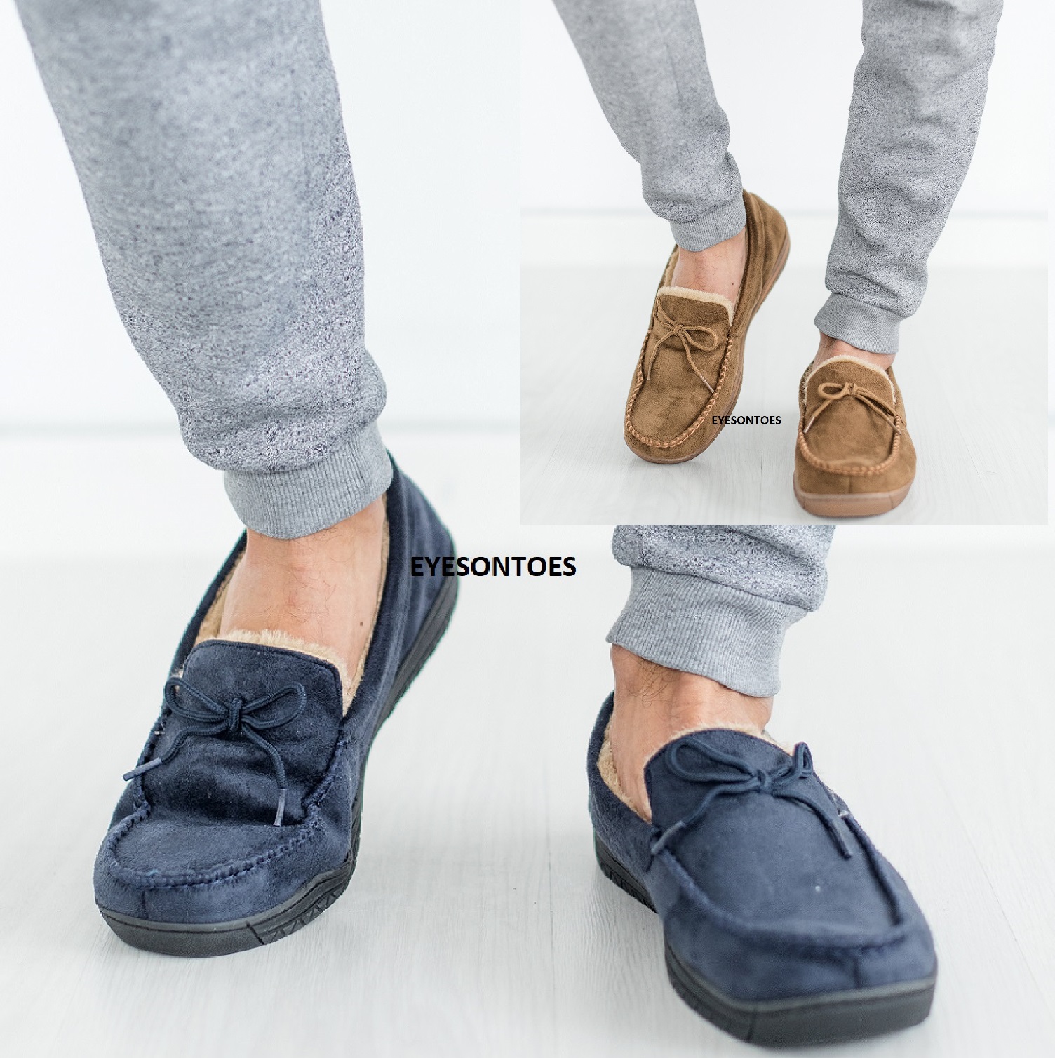 MENS MOCCASINS LOAFERS FAUX SUEDE SHEEPSKIN FUR LINED WINTER