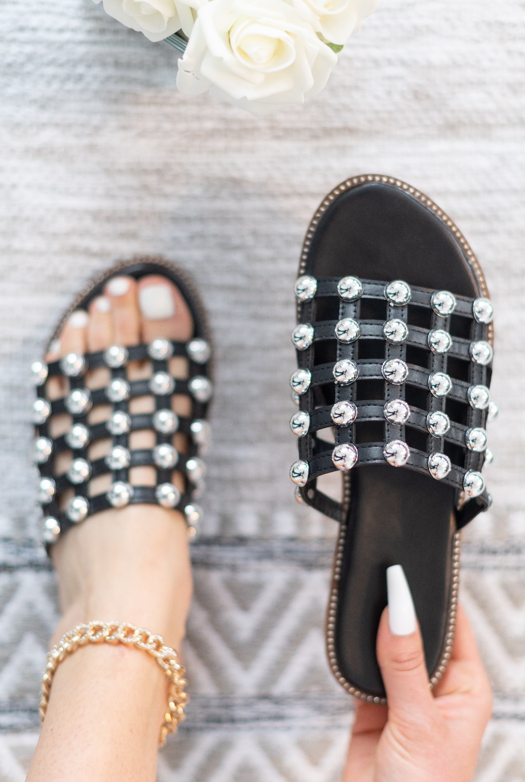 LADIES SLIDERS STUDDED CAGE SLIDES FLAT WOMENS SUMMER BLING SANDALS SHOES SIZE - Picture 6 of 26