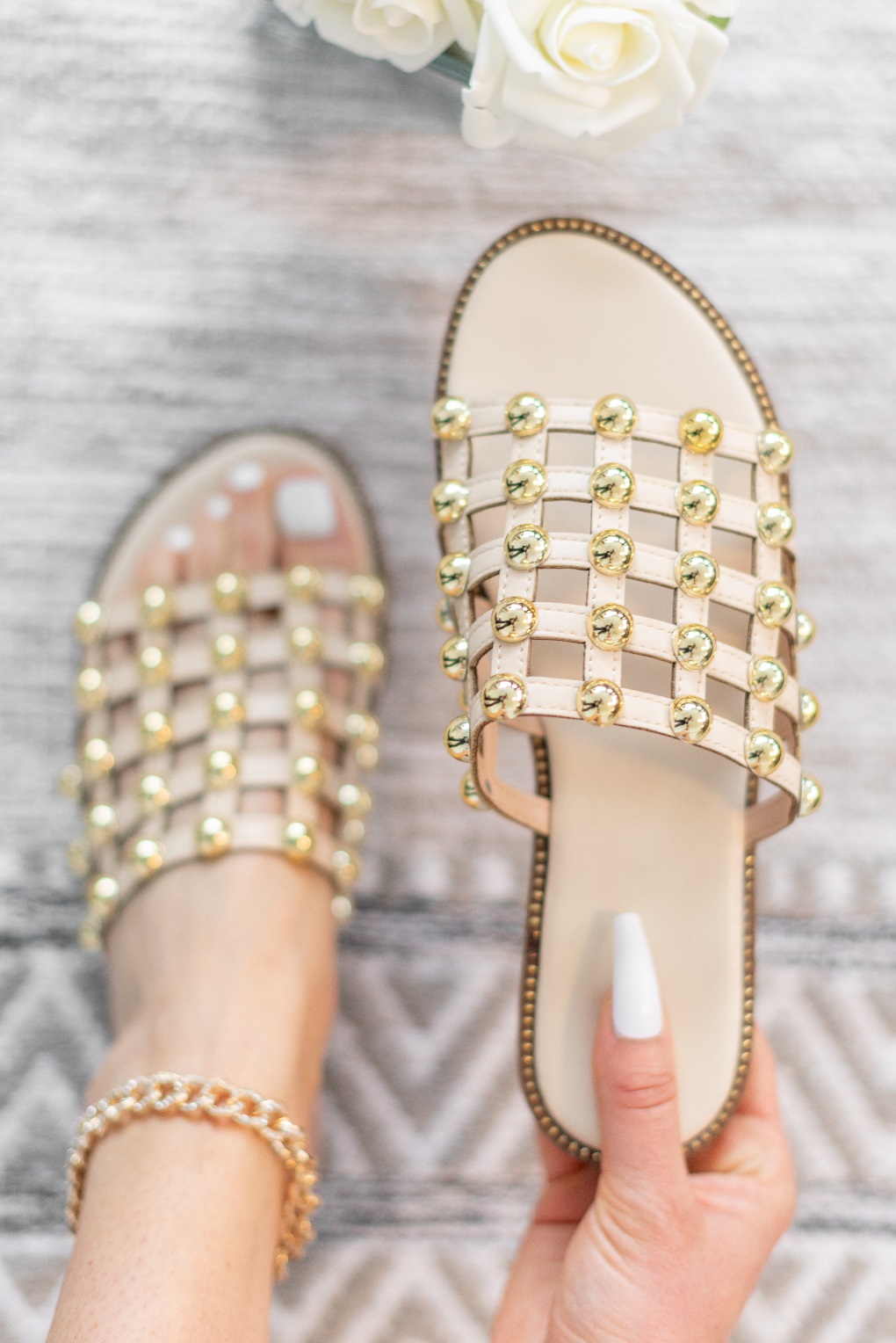 LADIES SLIDERS STUDDED CAGE SLIDES FLAT WOMENS SUMMER BLING SANDALS SHOES SIZE - Picture 14 of 26