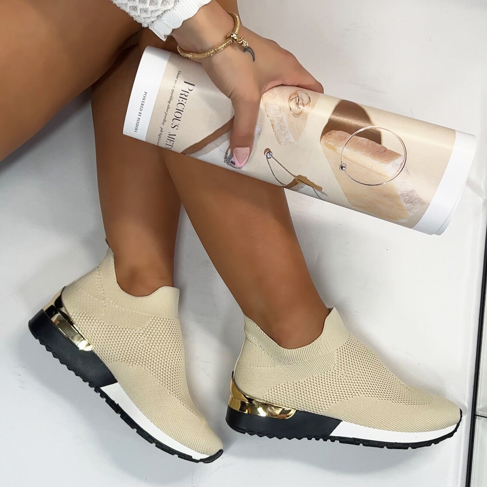 LADIES WOMENS SLIP ON SOCK WEDGE SNEAKERS CLASSIC JOGGING PUMPS SHOES TRAINERS - Picture 12 of 70
