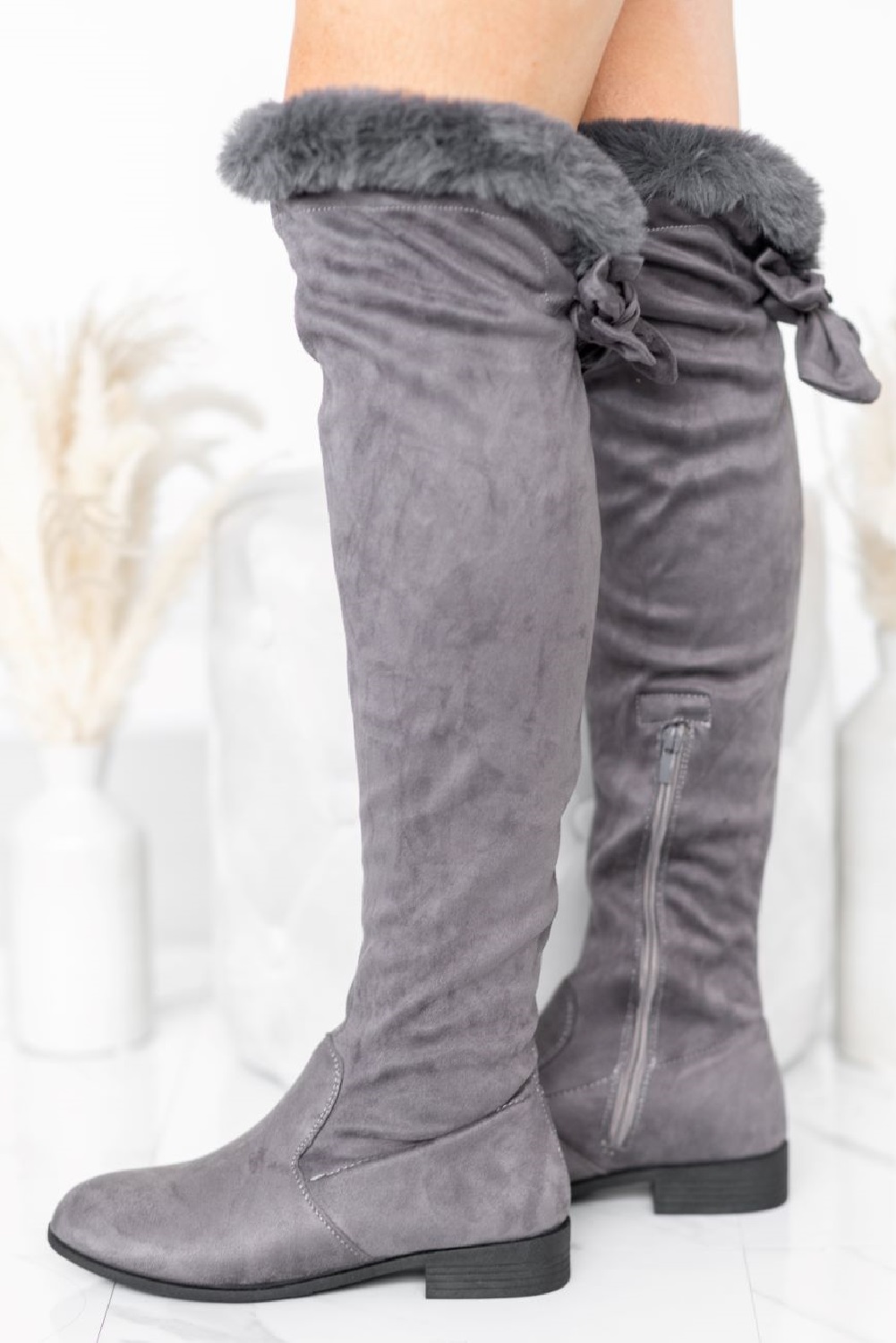 LADIES WOMENS FLAT FASHION ZIP FUR BOW LOW HEEL OVER THE KNEE HIGH BOOTS SIZE UK