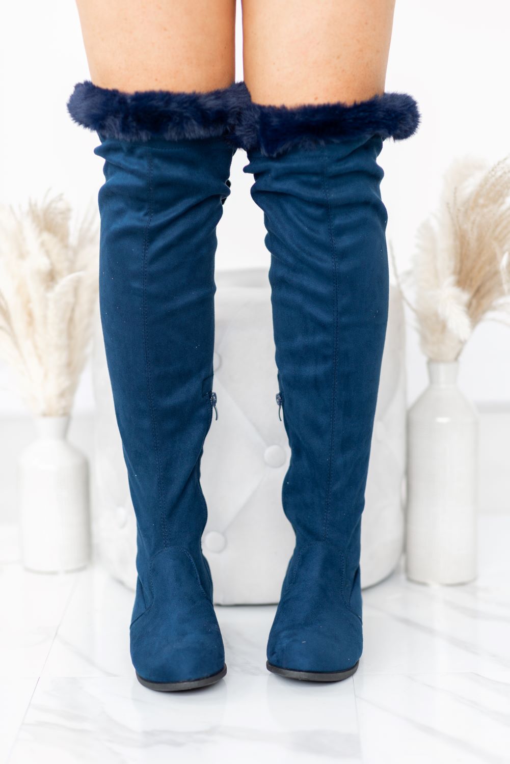 navy flat knee high boots