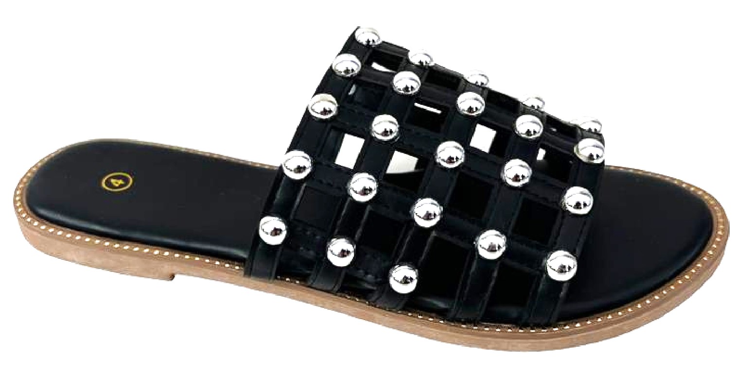 LADIES WOMENS FLAT STUDDED CAGED SLIDES OPEN TOE SLIDERS SUMMER SANDALS SHOES SZ