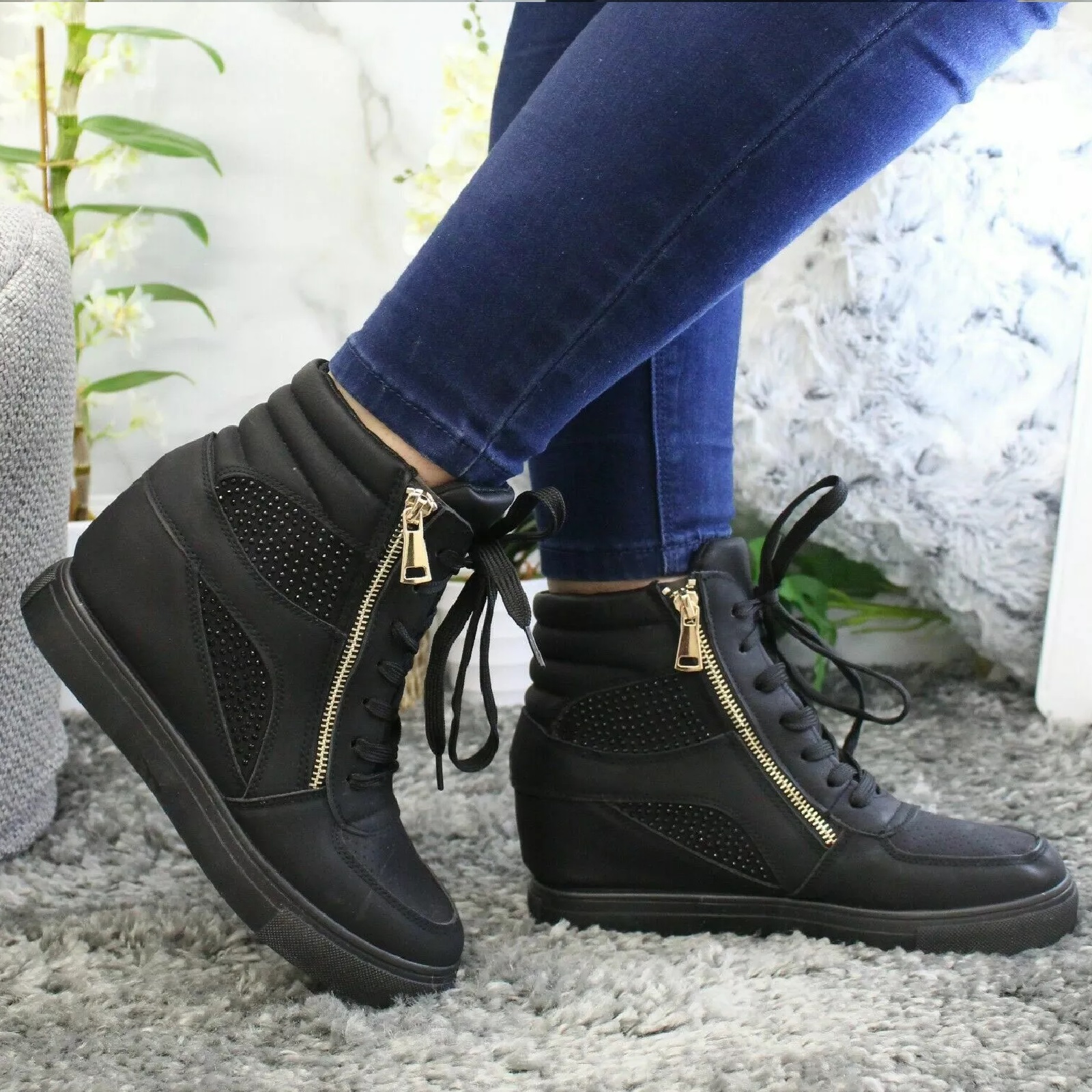 DAMAS MUJERES DIAMANTE CUÑA OCULTA ZAPATILLAS ALTAS BOTINES ZAPATILLAS TALLA - Imagen 4 de 9