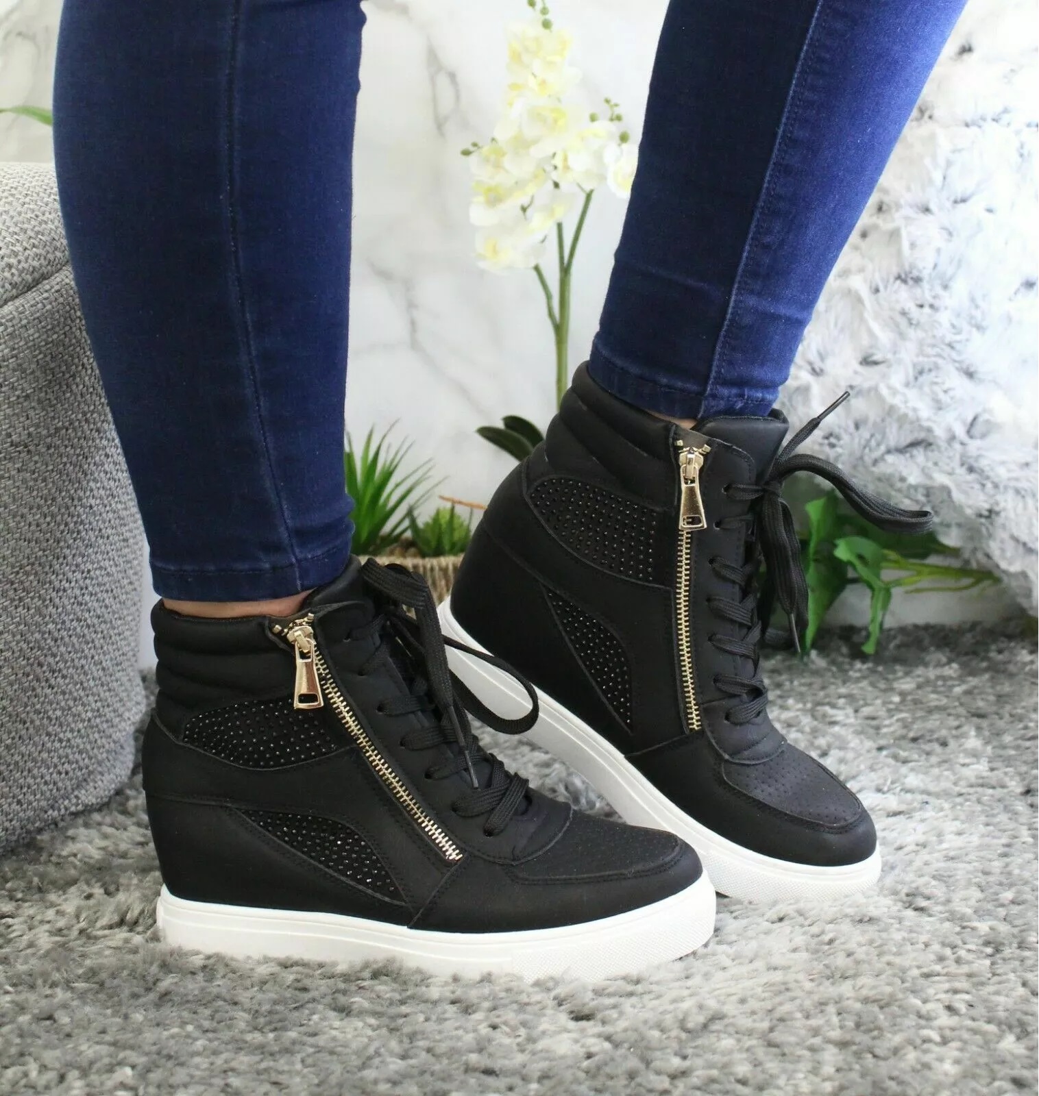 DAMAS MUJERES DIAMANTE CUÑA OCULTA ZAPATILLAS ALTAS BOTINES ZAPATILLAS TALLA - Imagen 7 de 9