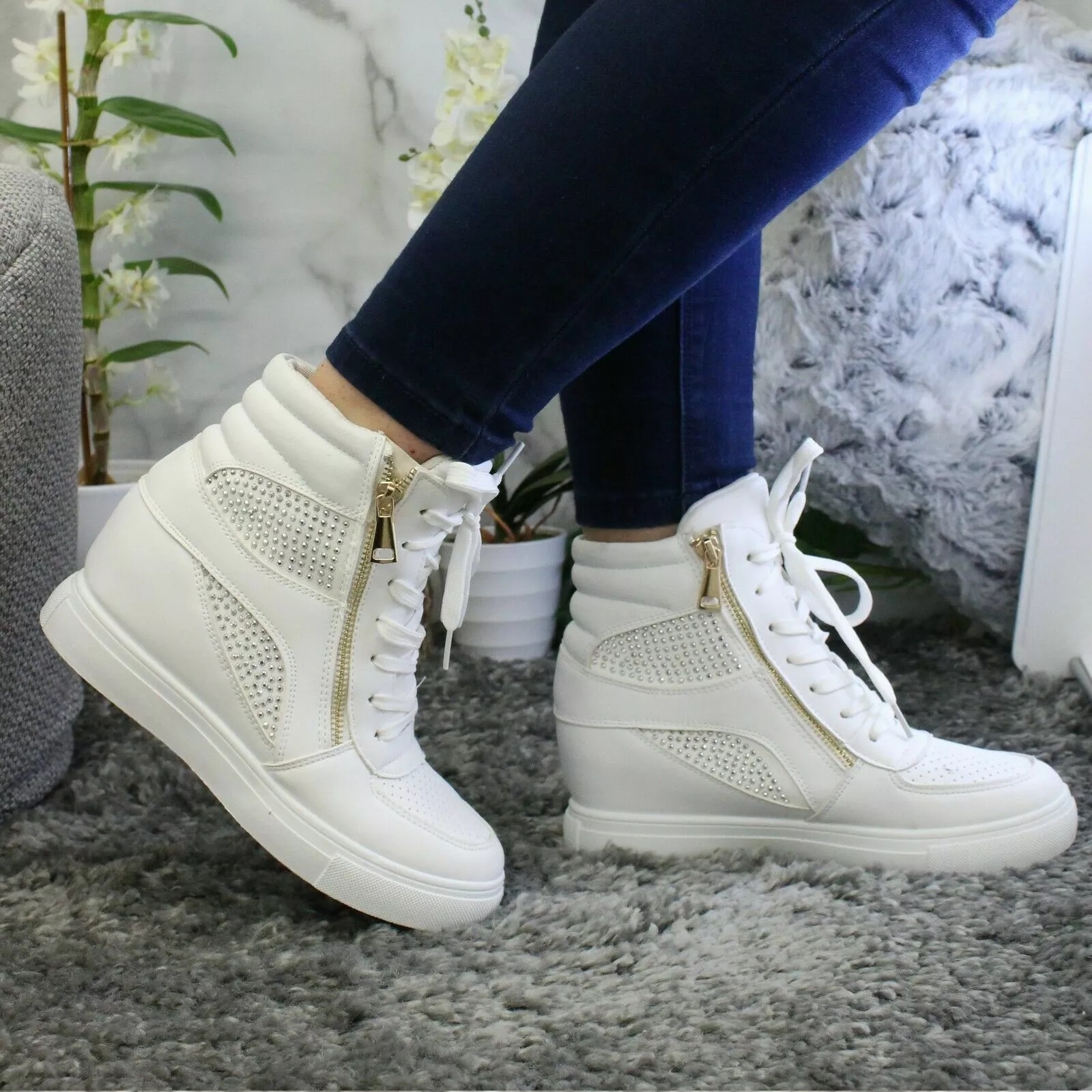 DAMAS MUJERES DIAMANTE CUÑA OCULTA ZAPATILLAS ALTAS BOTINES ZAPATILLAS TALLA - Imagen 9 de 9