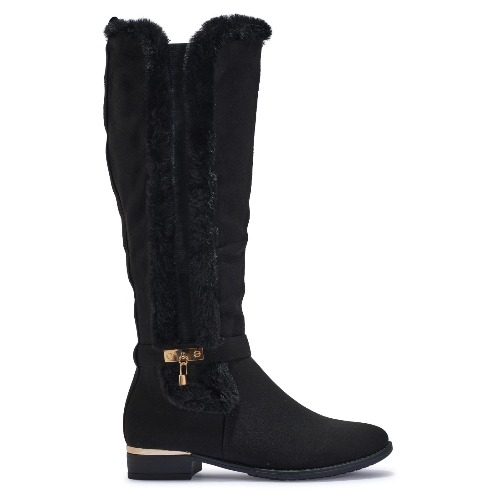 LADIES WOMENS FASHION BUCKLE KNEE HIGH STRETCH CALF LEG ZIP FLAT HEEL BOOTS SIZE