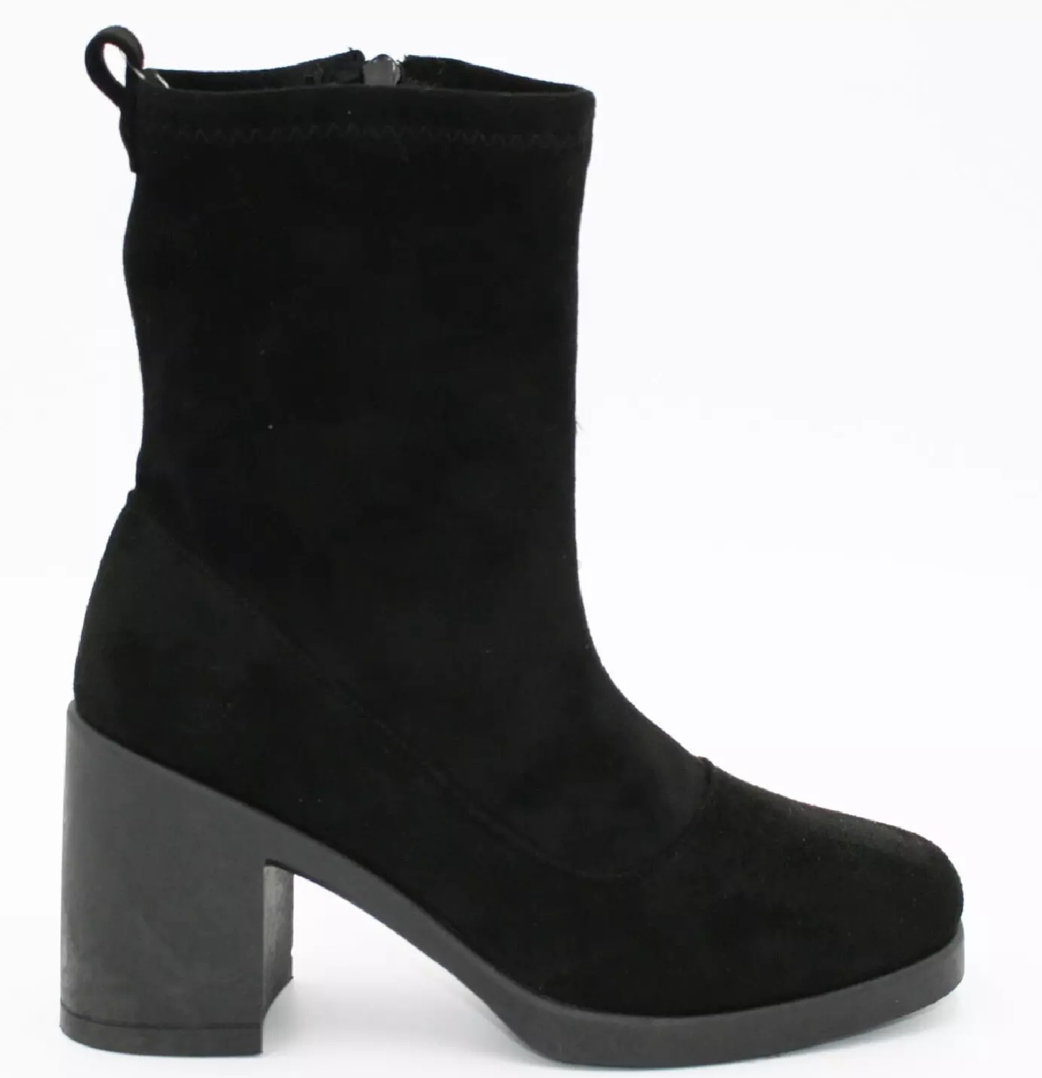 LADIES WOMENS ANKLE WINTER CHUNKY BLOCK HIGH HEEL ZIP STRETCH SHOES BOOTS SIZE - Picture 2 of 3