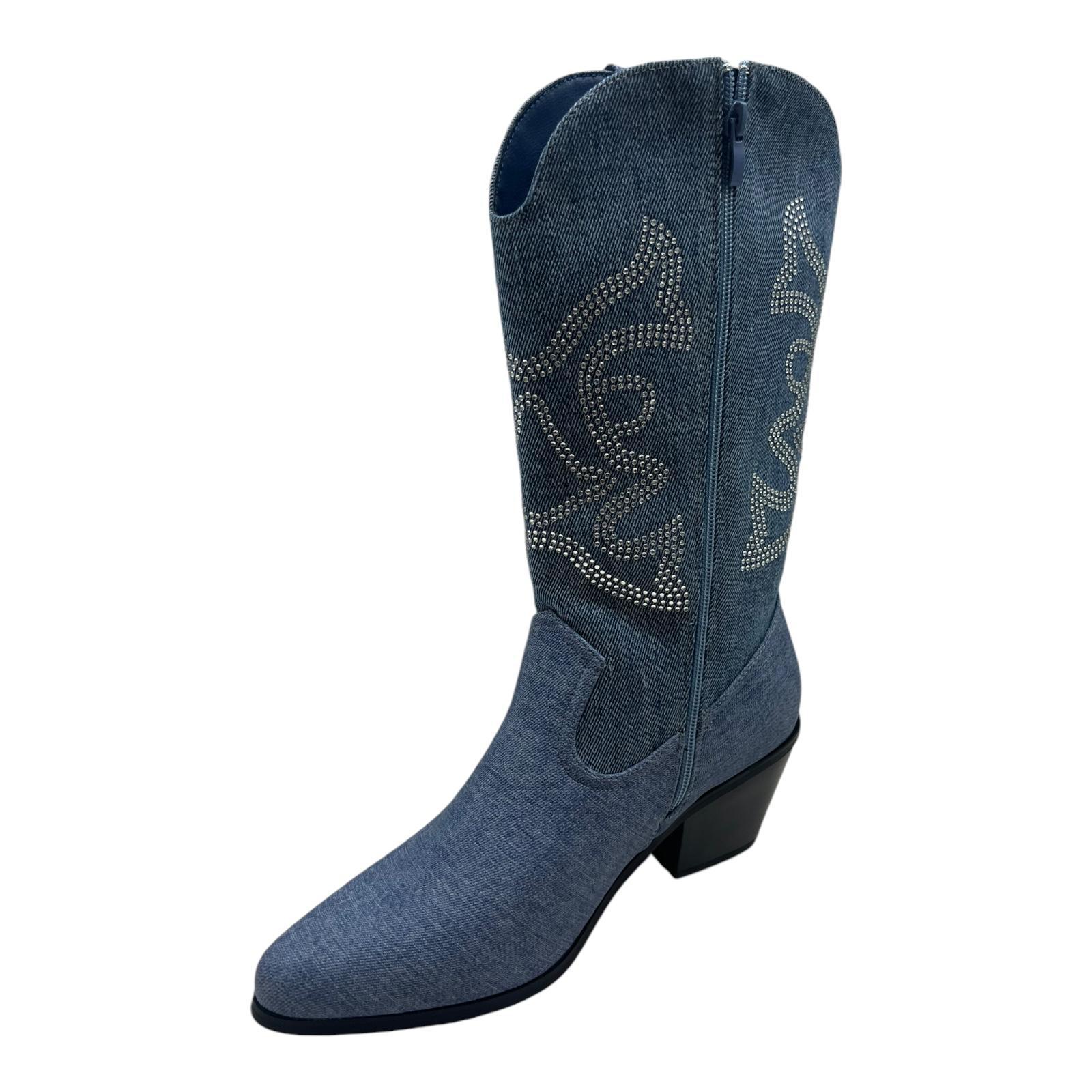 LADIES WOMENS WESTERN MID CALF FAUX SUEDE ZIP UP POINTY COWBOY BOOTS SHOES SIZE - Picture 13 of 26