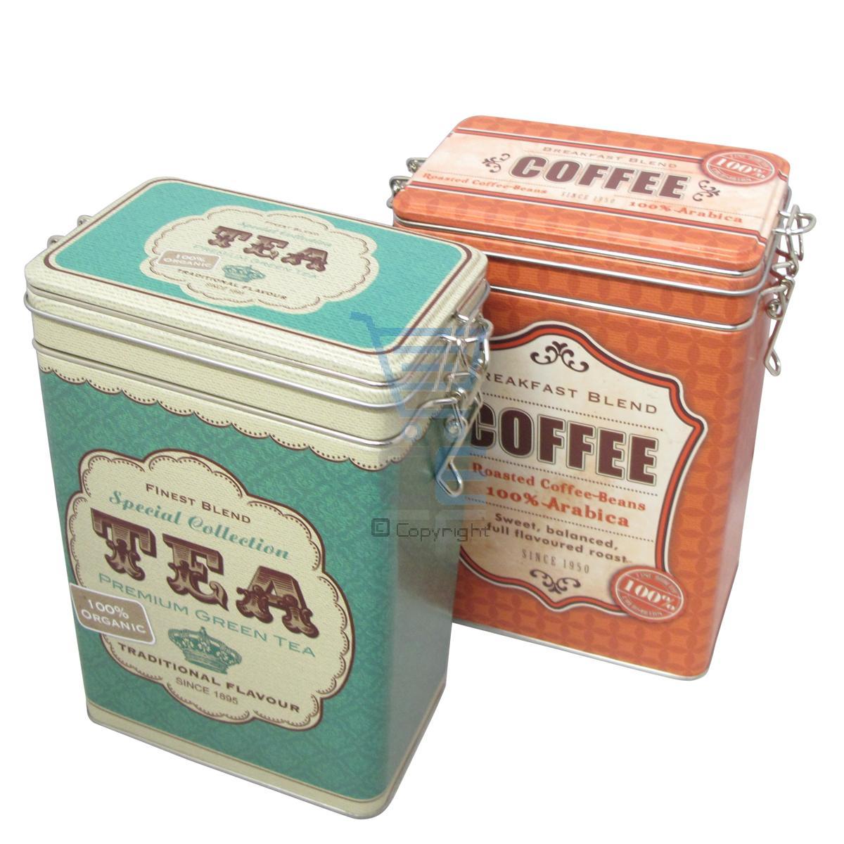 Set of 2 Retro Tea and Coffee Snap Lid Storage Tins Orange Green ...