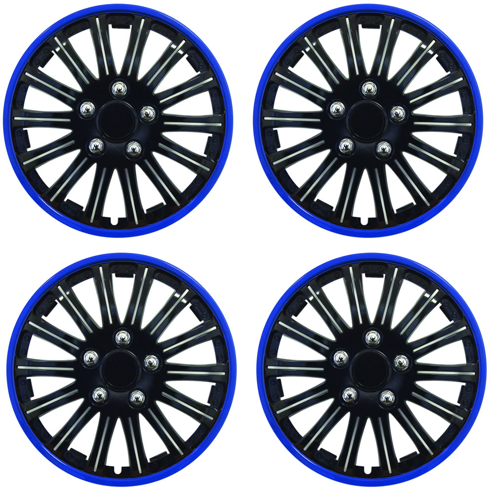 SET OF 4 x 15 INCH BLUE AND BLACK SPORTS WHEEL TRIMS COVER HUB CAPS 15
