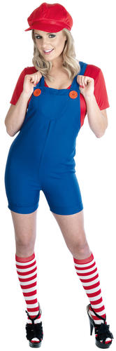 Red Plumbers Mate Mario Girl 80s Fancy Dress Adult 1980s Costume + Hat UK 6-22 - Picture 2 of 2