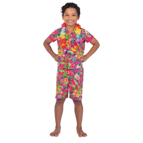 Kids Pink Hawaii Set Costume Hula Hawaiian Boys Book Week Fancy Dress Outfit - Picture 3 of 12