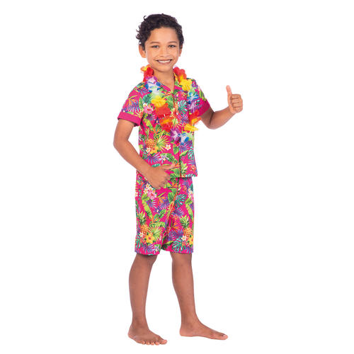 Kids Pink Hawaii Set Costume Hula Hawaiian Boys Book Week Fancy Dress Outfit - Picture 11 of 12