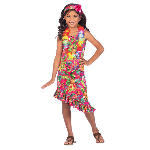 Girls Pink Hawaii Dress Costume Hula Hawaiian Kids Book Week Fancy Dress Outfit - Picture 6 of 16
