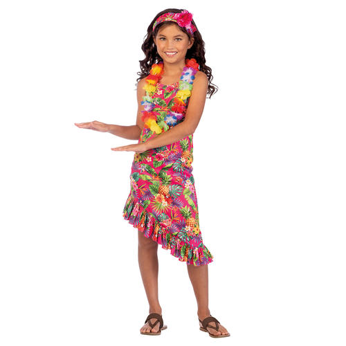 Girls Pink Hawaii Dress Costume Hula Hawaiian Kids Book Week Fancy Dress Outfit - Picture 9 of 16