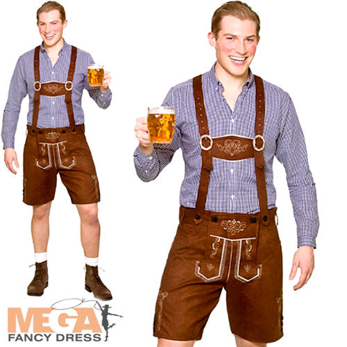 Mens Brown Lederhosen Oktoberfest Fancy Dress Faux Suede Bavarian Adults Costume - Picture 9 of 10