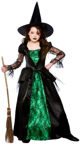 Deluxe Emerald Witch Girls Fancy Dress Halloween Childrens Kids Witches Costume - Picture 4 of 5