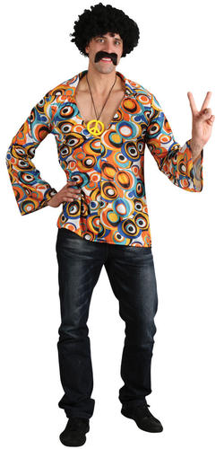 Hippy Shirt + Wig Mens 1960s Fancy Dress 60s Hippie Sixties Adult ...