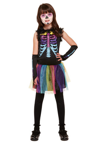 Day of the Dead Girls Halloween Fancy Dress Skeleton Undead Kids Childs ...