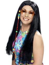 Black Hippy Wig Ladies Fancy Dress 60s 70s Groovy Hippie Adult Costume Accessory