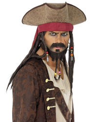 Pirate Hat with Attached Hair Mens Fancy Dress Caribbean Adult Costume Accessory