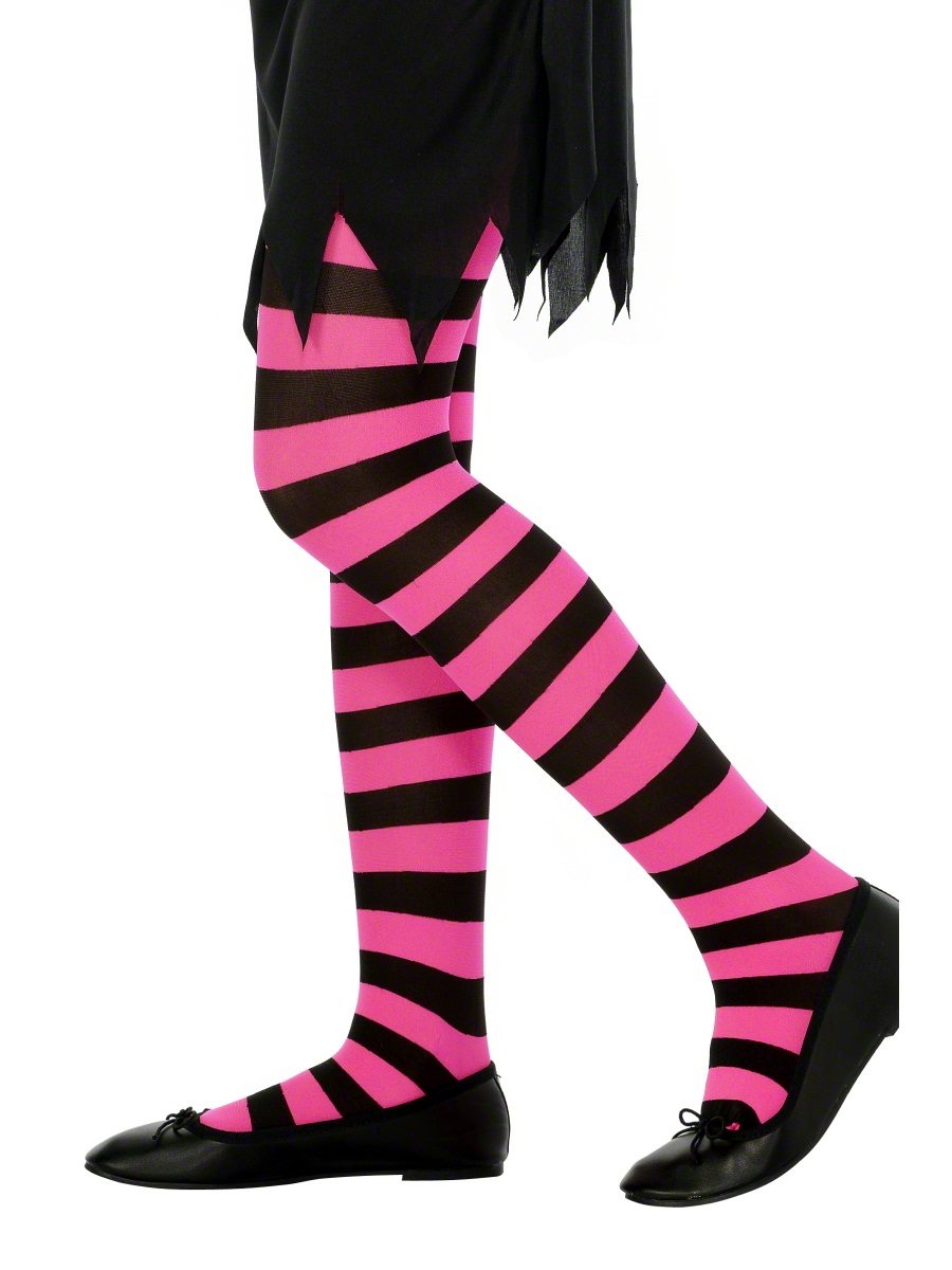 Black and Pink Striped Tights Girls Halloween Witch Fancy Dress Kids Costume Acc