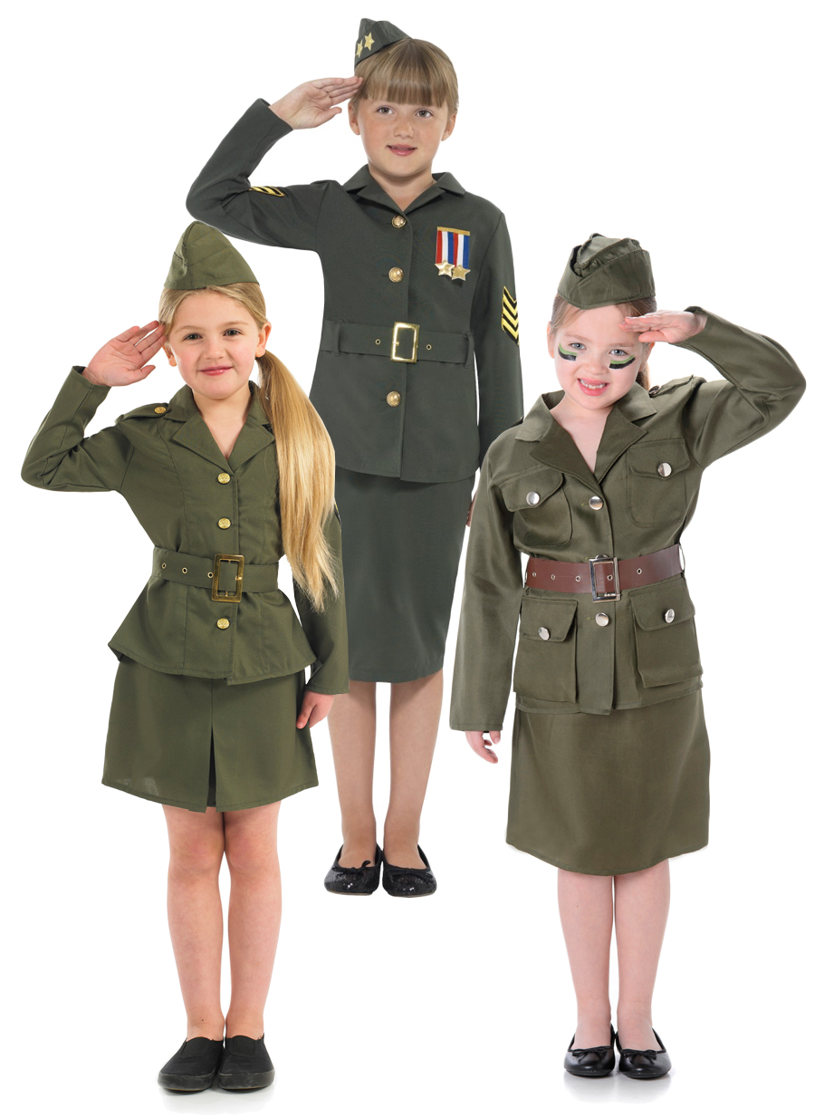 WW2 Army Uniform + Hat Girls Fancy Dress 1940s Military Childrens Kids ...