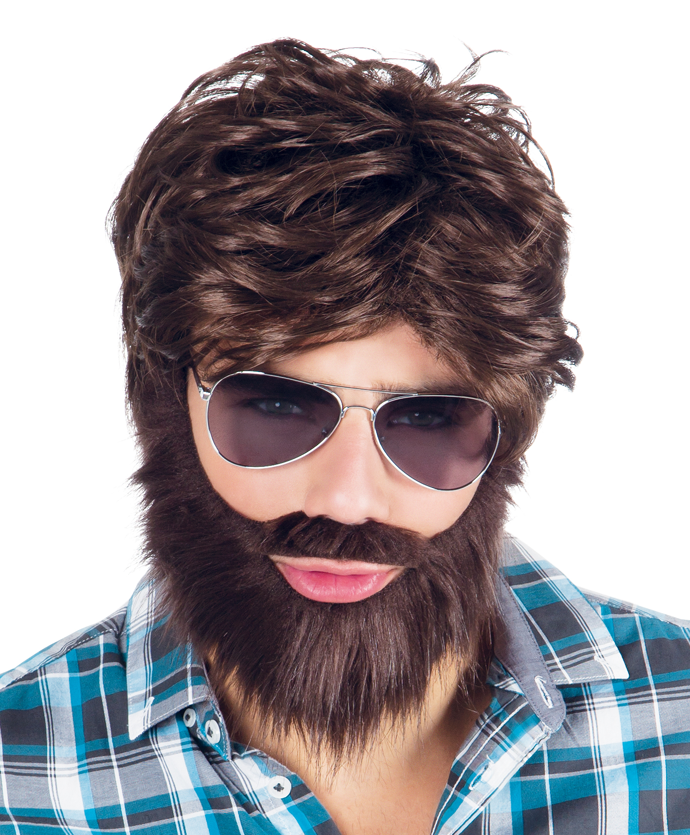 Brown Wig & Beard Mens Fancy Dress Celebrity Movie Character Adults ...