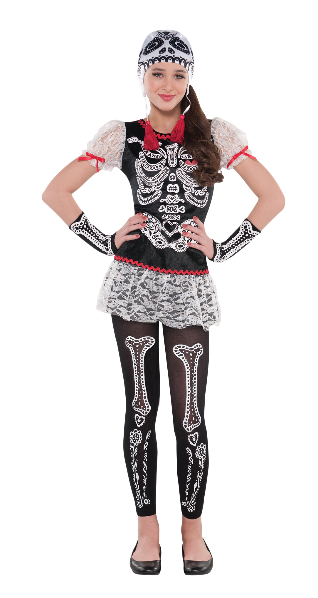 Day of the Dead Girls Fancy Dress Halloween Skeleton Skull Kids Childs