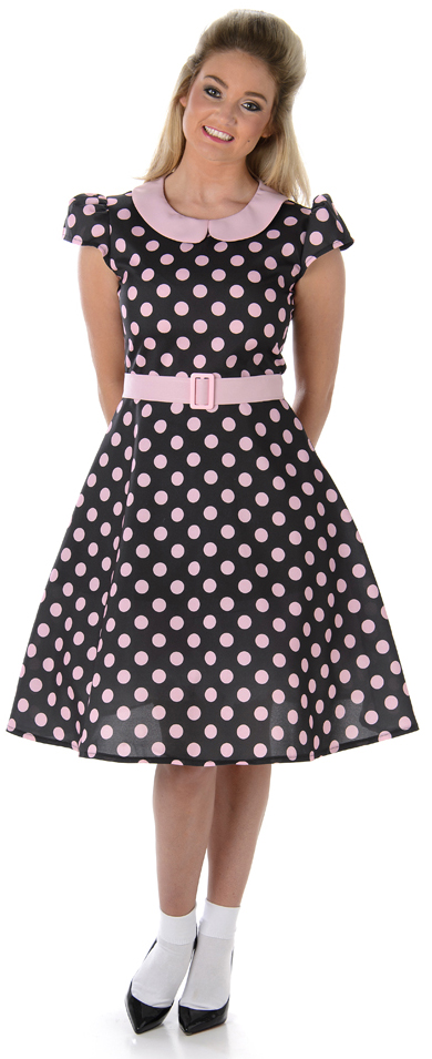 Polka Dot 1970s Housewife Womens Fancy Dress Rock n Roll Adults Costume Outfit