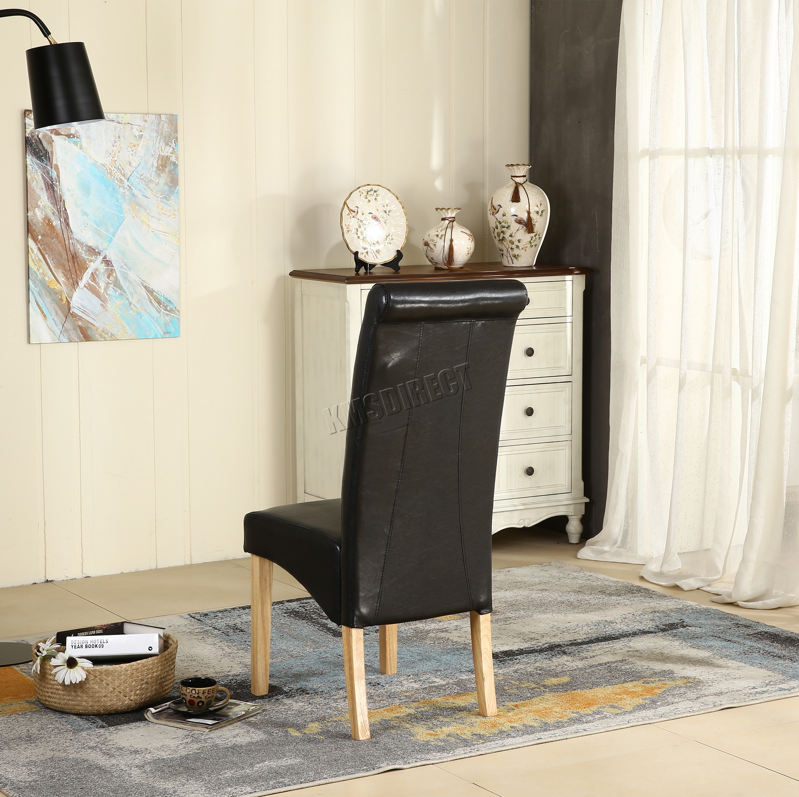 New Black Faux Leather Dining Chairs Roll Top Scroll High Back Wood