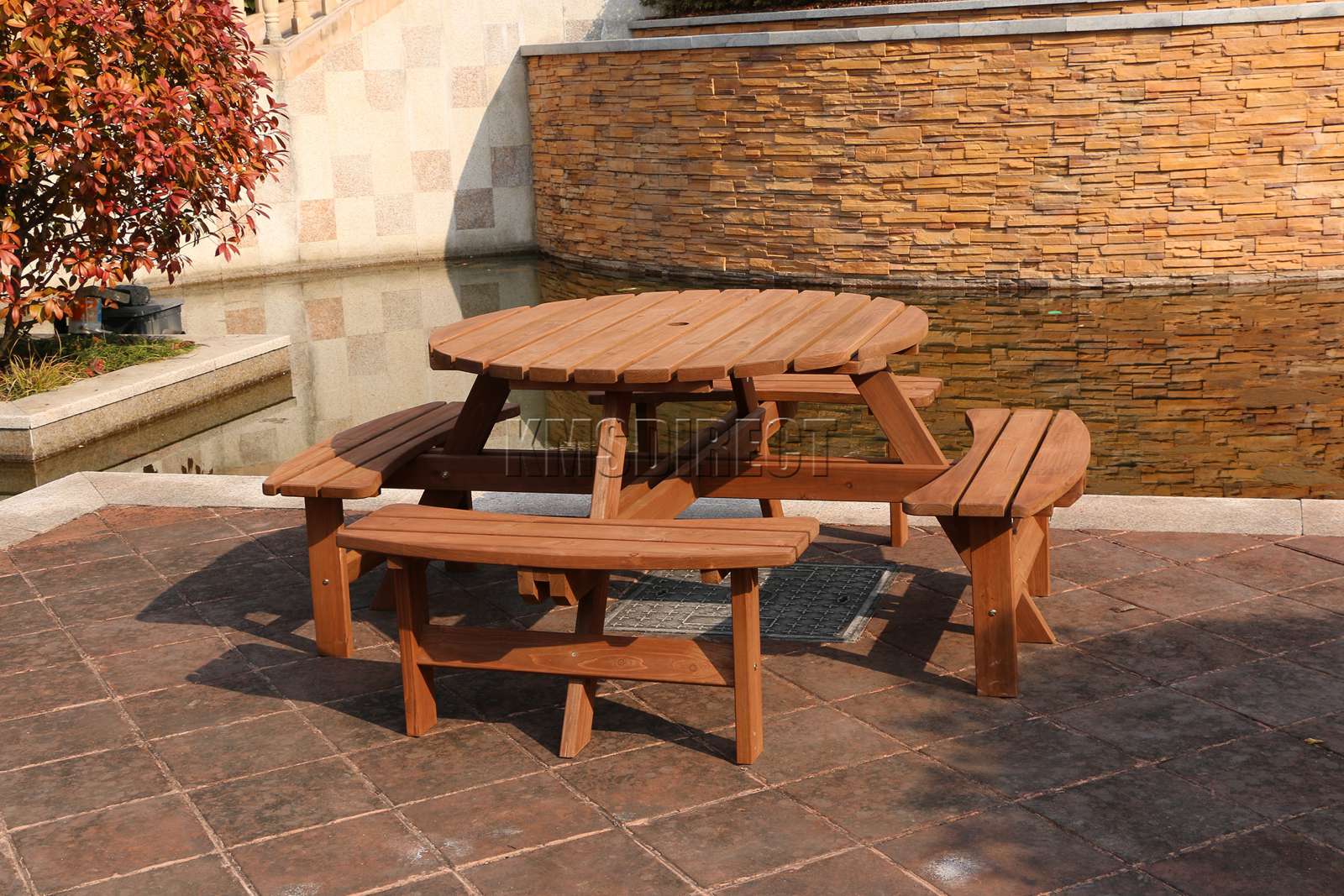 Birchtree 8 Seater Wooden Pub Bench Round Picnic Table Furniture Garden