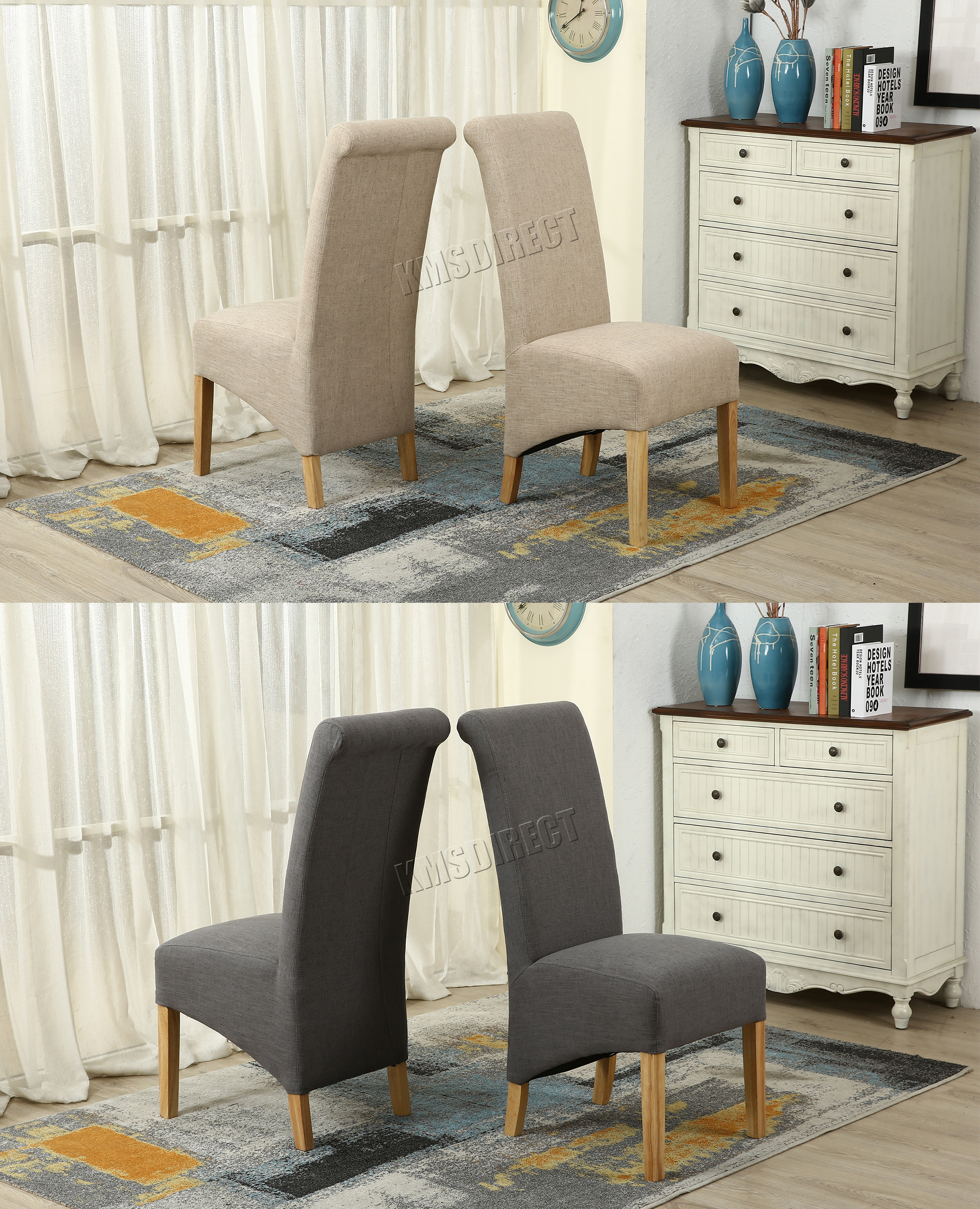 Westwood Linen Fabric Dining Chairs Roll Top Scroll High Back Sentinel Westwood Linen Fabric Dining Chairs Roll Top Scroll High Back Springed Seat F01