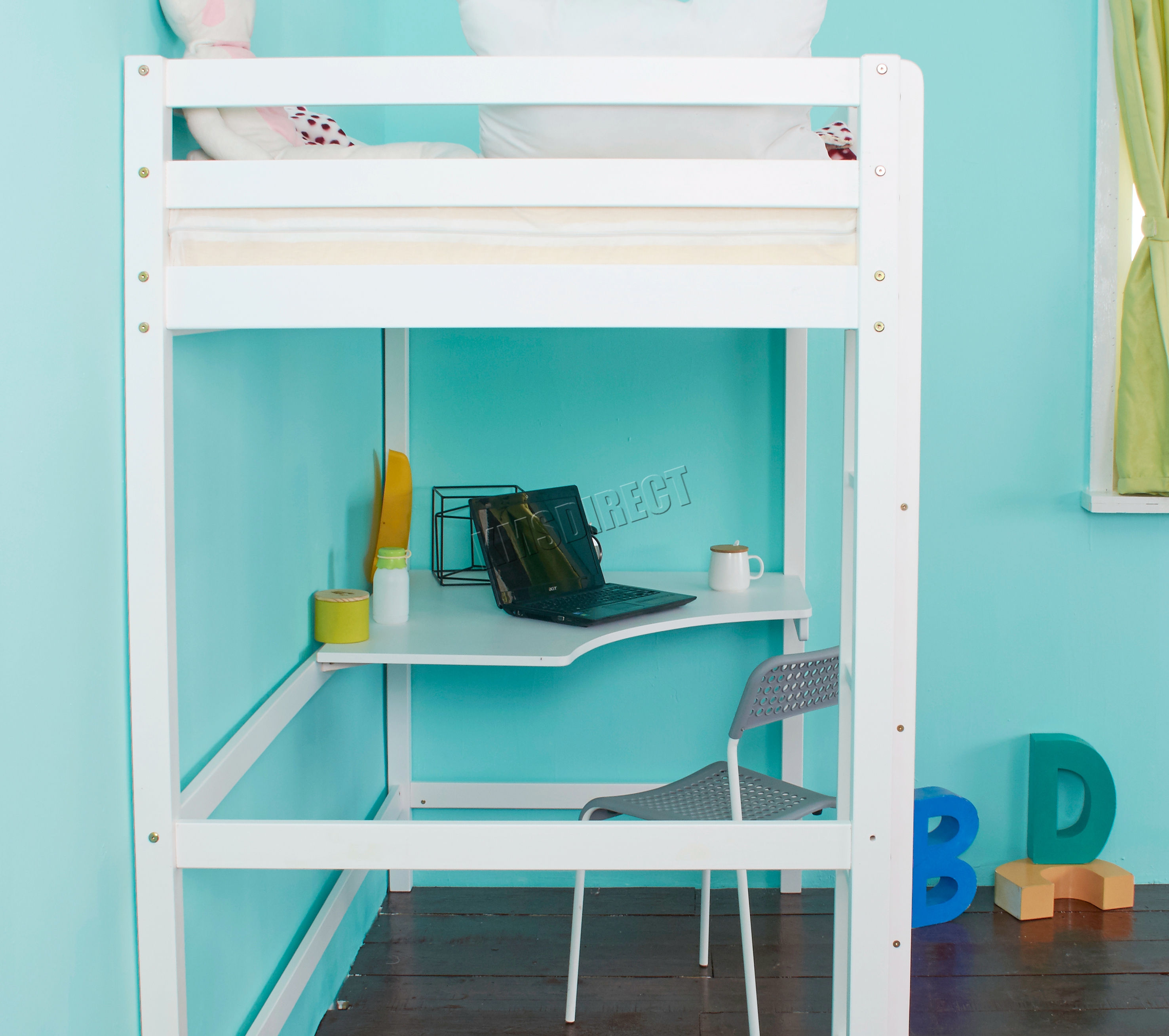 FoxHunter High Sleeper Cabin Wooden Frame Bunk Bed With Desk Kids