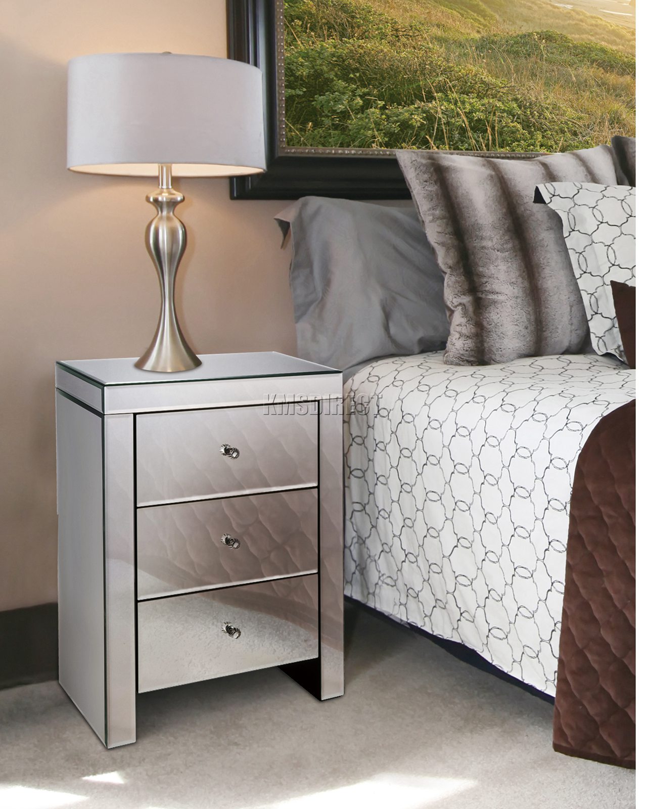 WestWood Mirrored Furniture Glass Bedside Table With Drawer