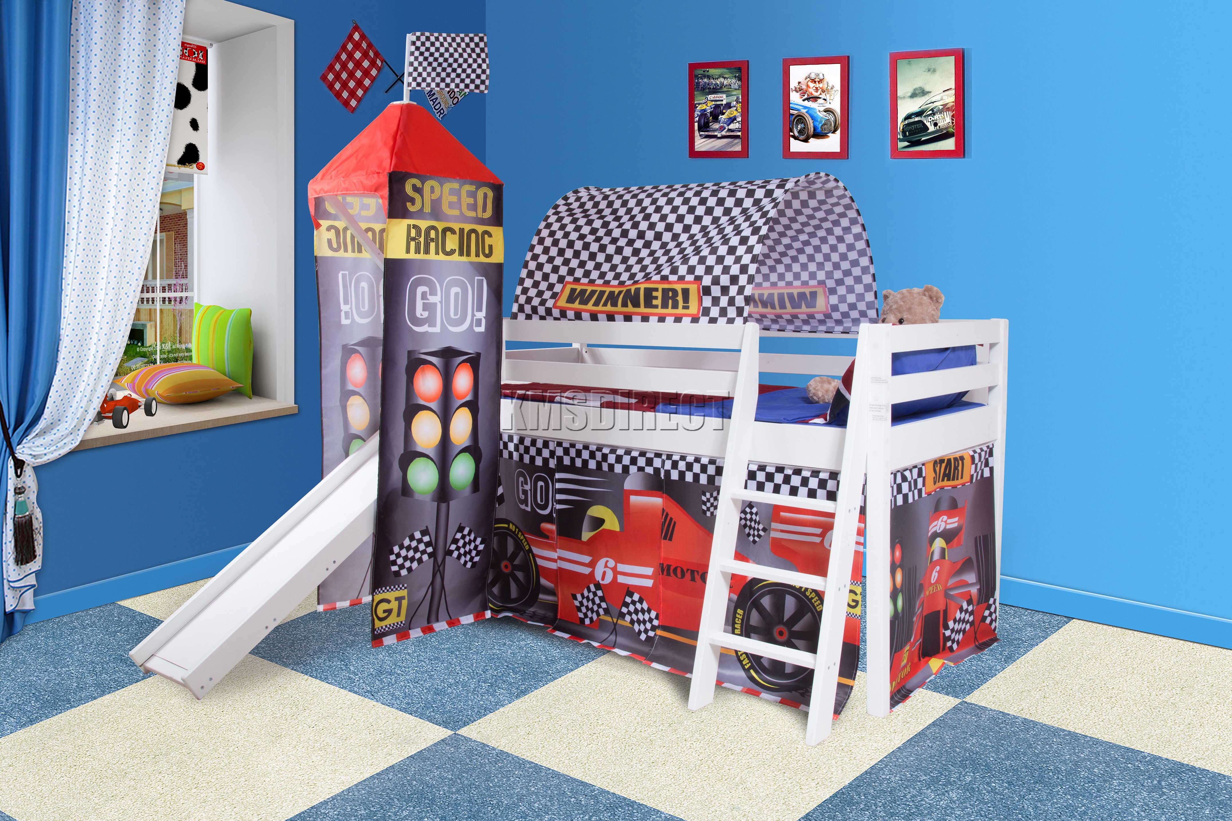 FoxHunter Wooden Mid Sleeper Cabin Bunk Bed Kids Tent Tower Slide 3FT