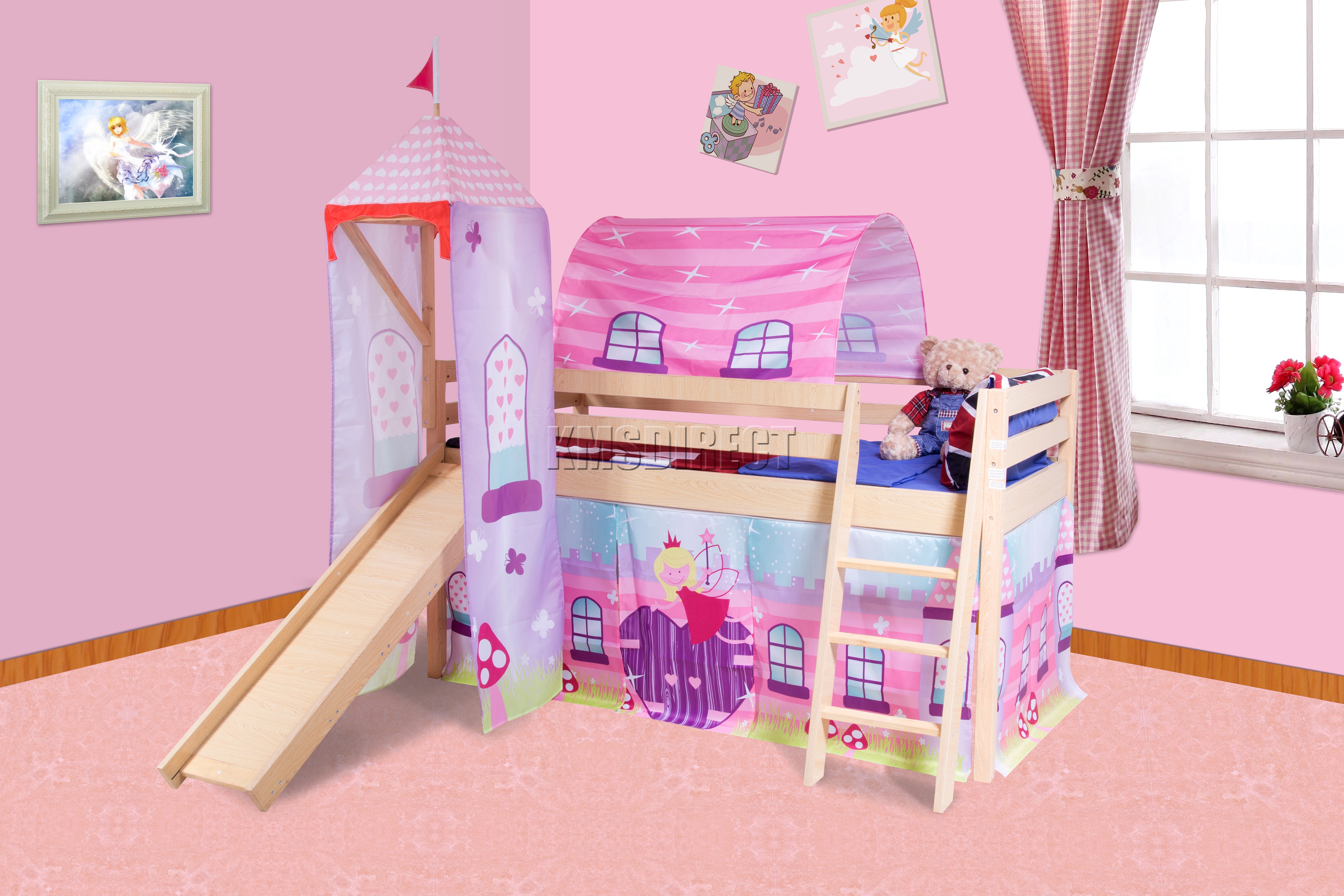 FoxHunter Wooden Mid Sleeper Cabin Bunk Bed Kids Tent Tower Slide 3FT