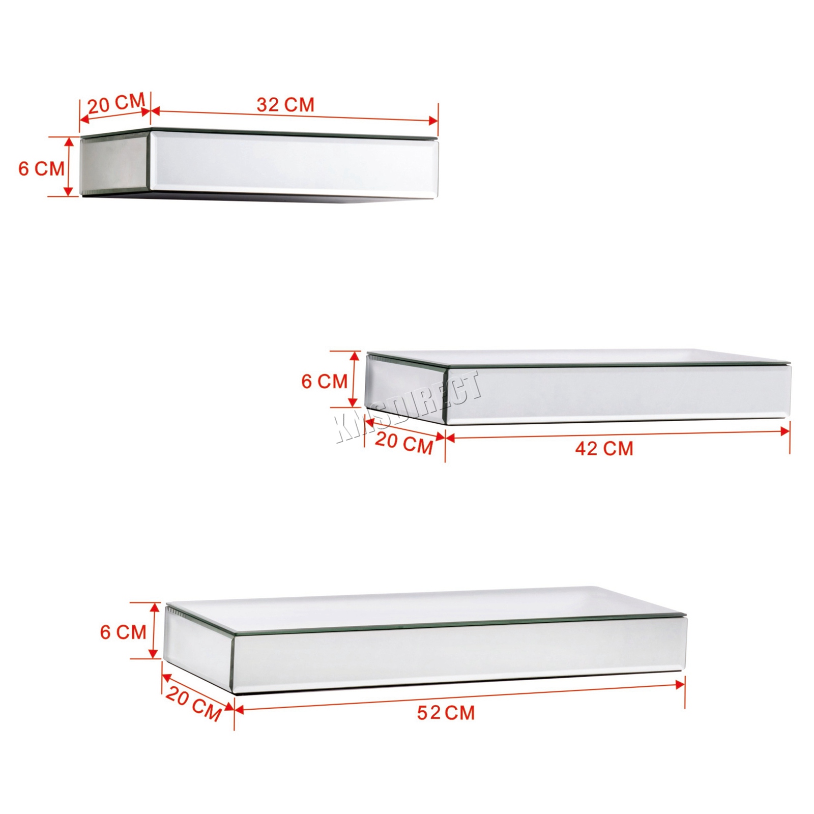 WestWood Bevelled Mirrored Furniture Glass Floating Shelves Set Wall