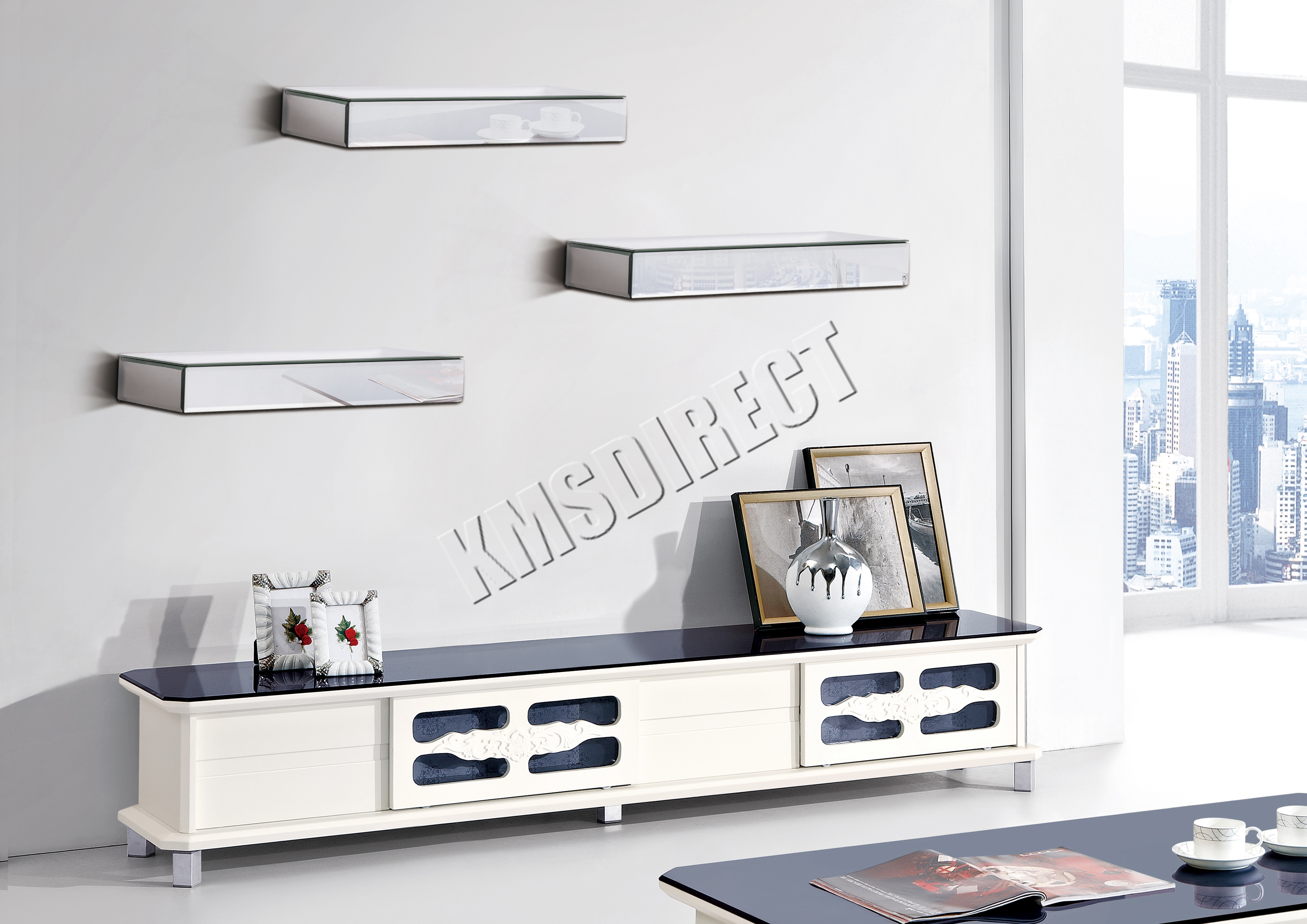 WestWood Bevelled Mirrored Furniture Glass Floating Shelves Set Wall