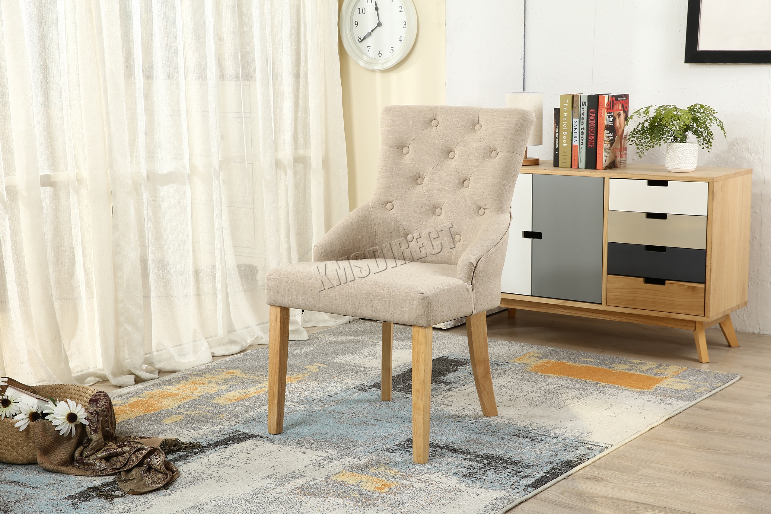 WestWood New Cream Linen Fabric Dining Chairs Scoop Button Back Office