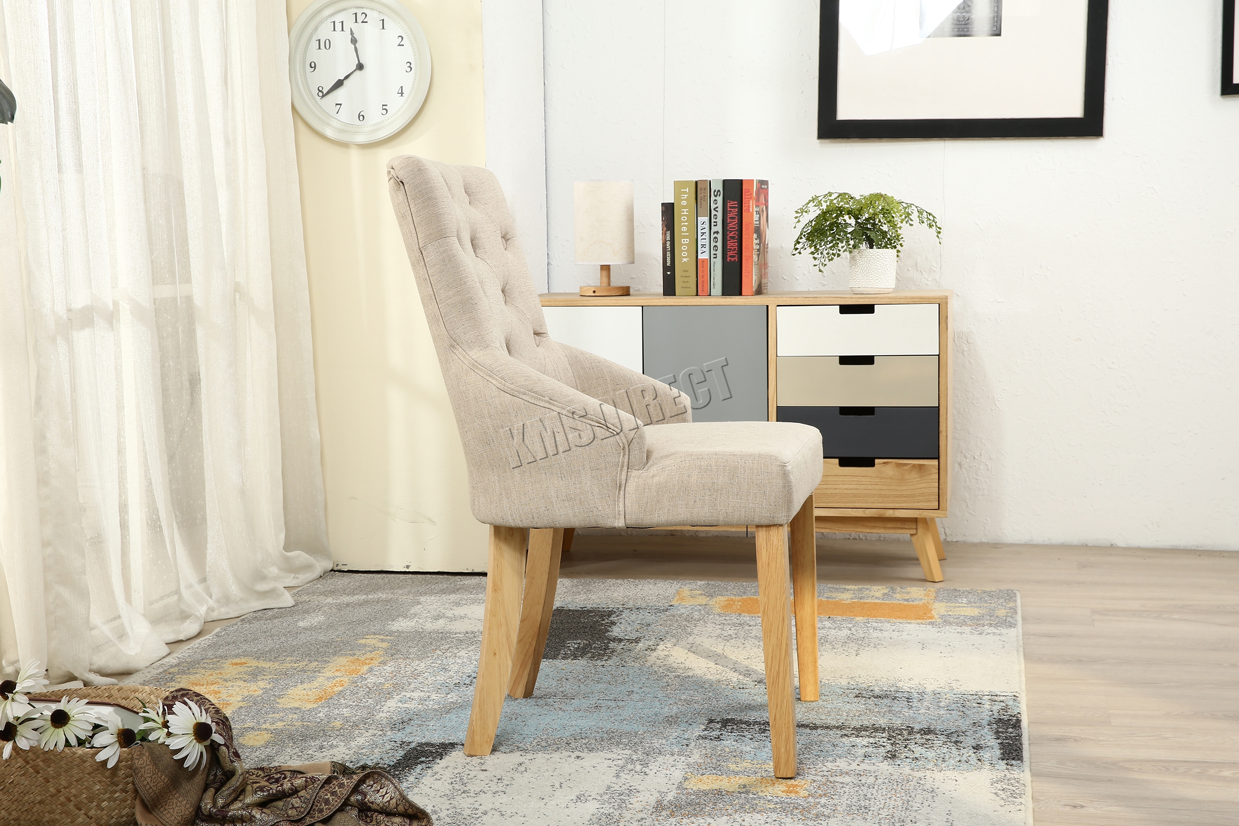 WestWood New Cream Linen Fabric Dining Chairs Scoop Button Back Office