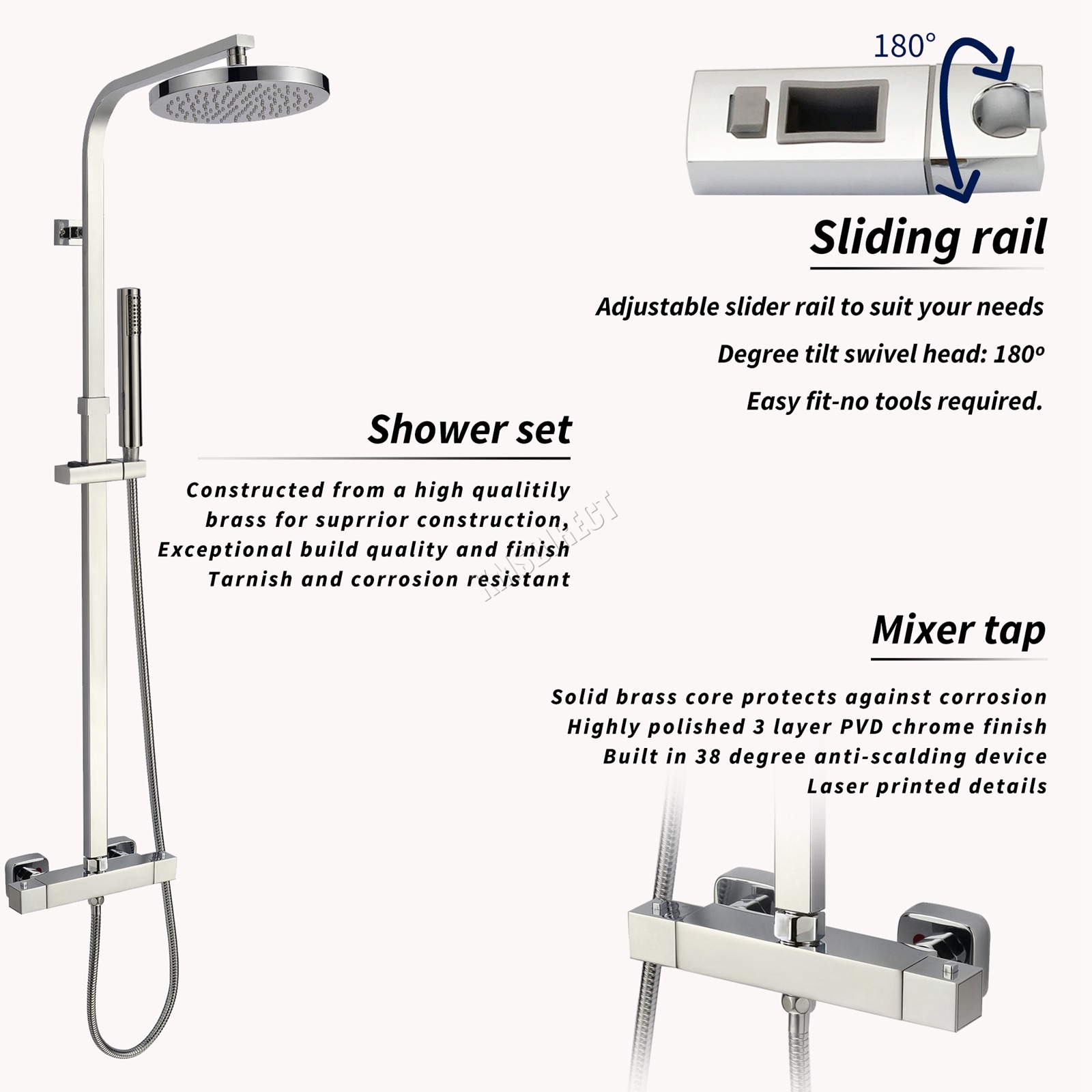 FoxHunter Bathroom Mixer Shower Set Twin Head Round Square Chrome