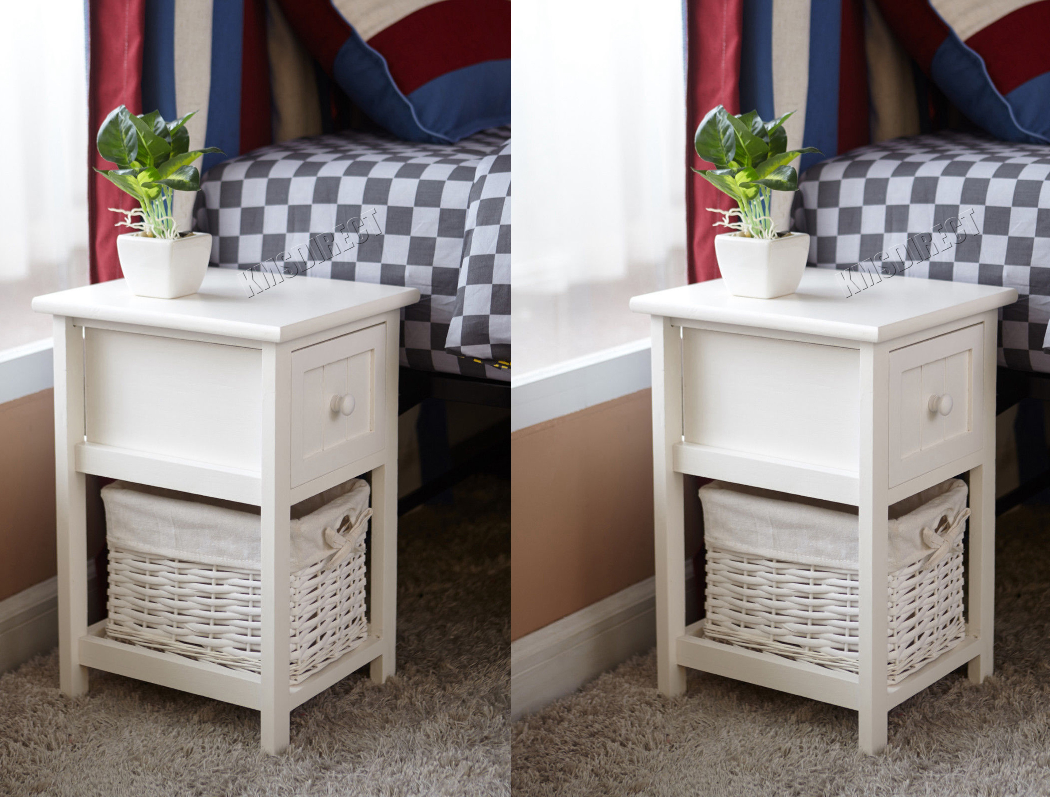 WestWood Bedside Unit Table With Wicker Basket Drawer Storage