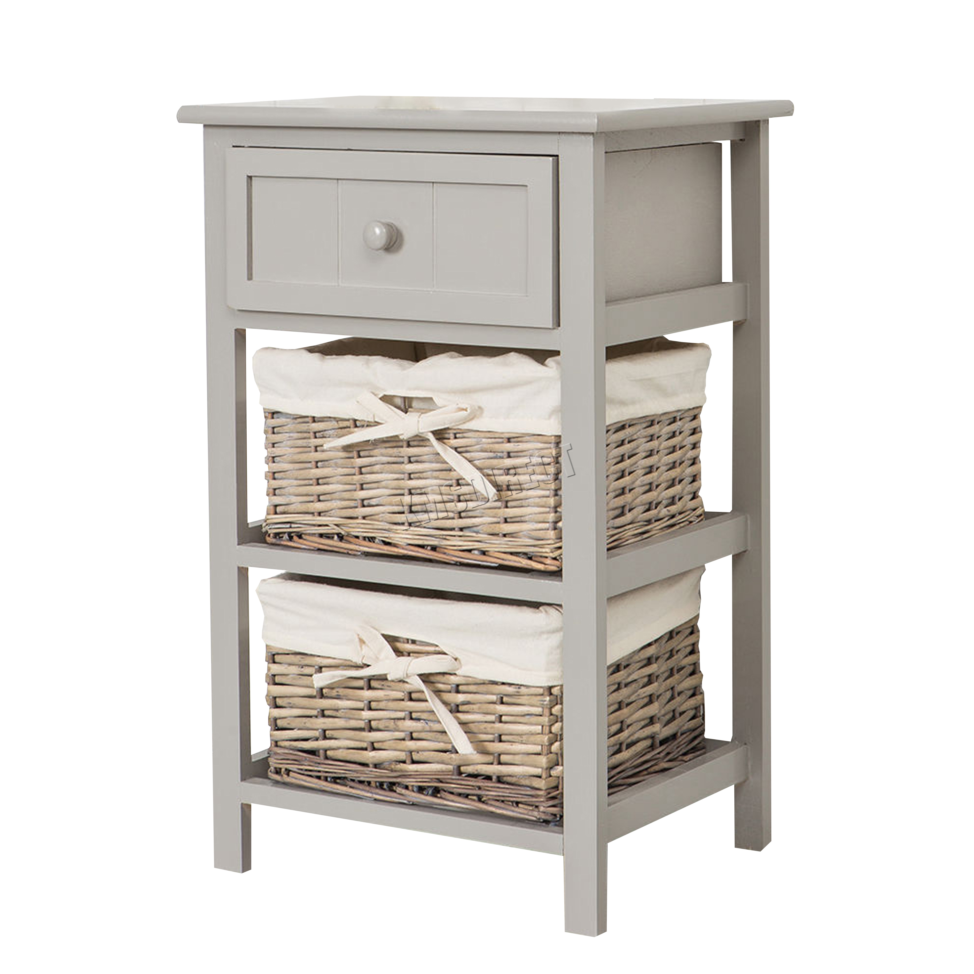 WestWood Bedside Unit Table With Wicker Basket Drawer Storage