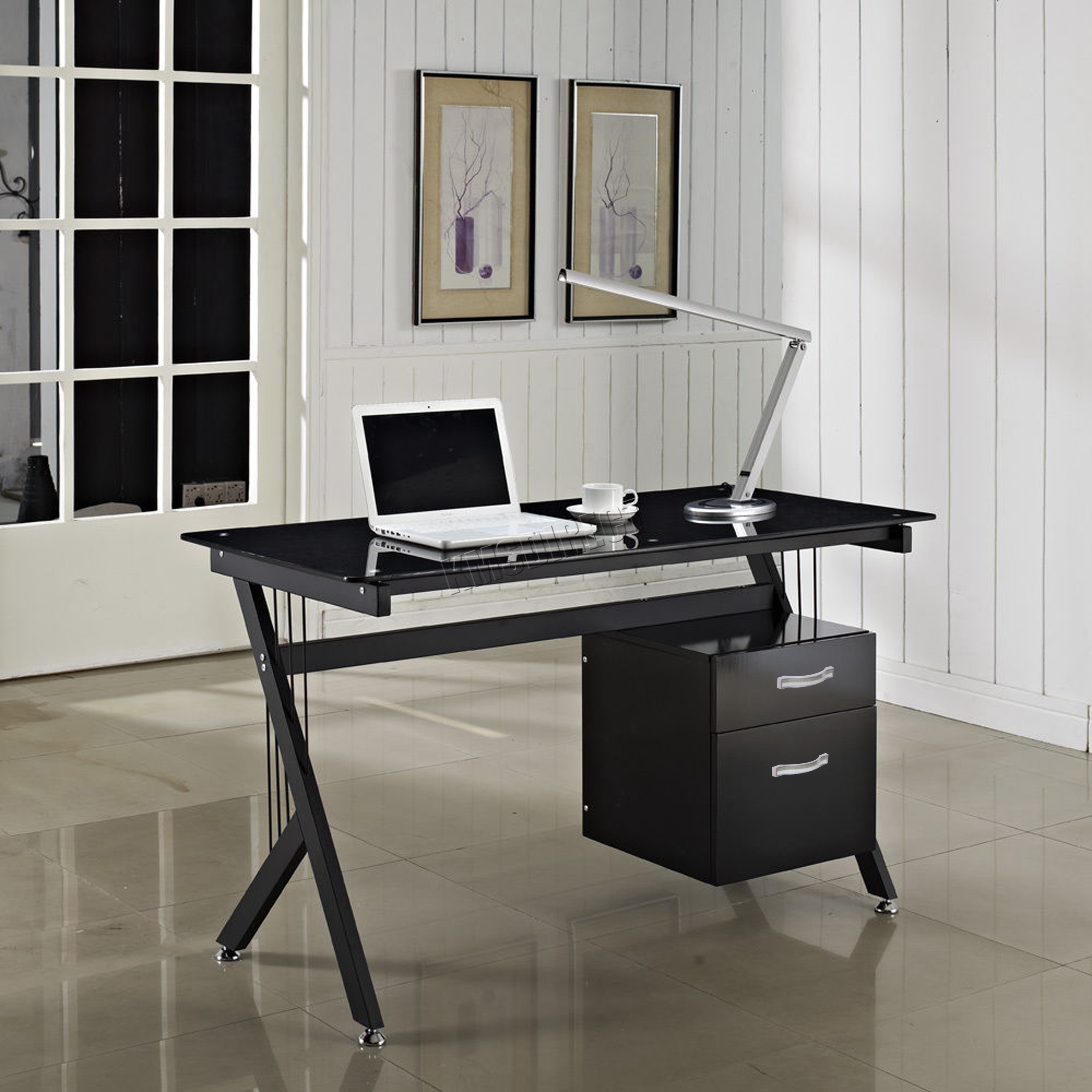 FoxHunter Computer Desk PC Table With Glass Top 2 Drawers Home Office ...