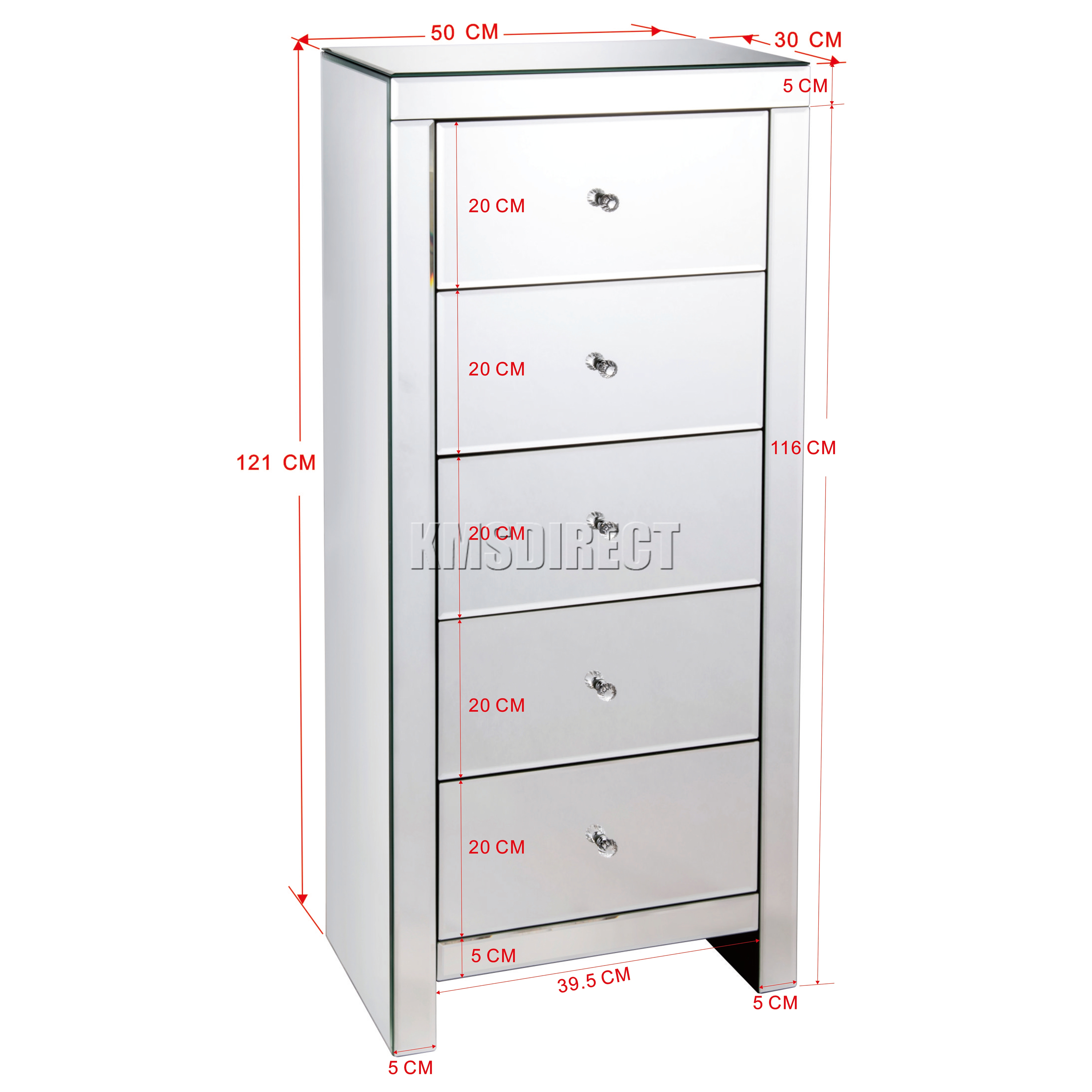 FoxHunter Mirrored Furniture Glass 5 Drawers Tallboy Chest